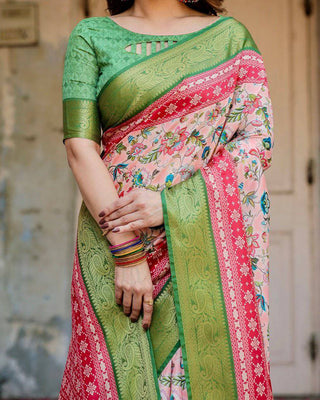 Blush Pink and Green Tussar Silk Saree with Floral Prints and Intricate Zari Work DIGITAL PRINT