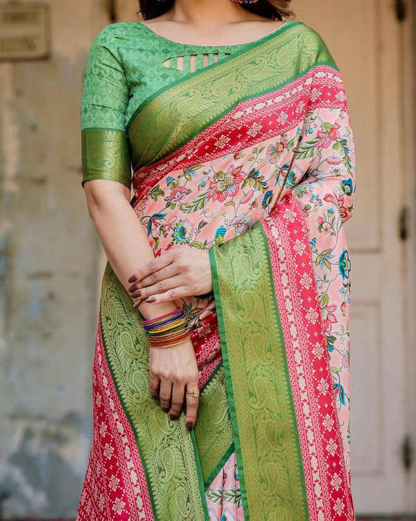Blush Pink and Green Tussar Silk Saree with Floral Prints and Intricate Zari Work DIGITAL PRINT