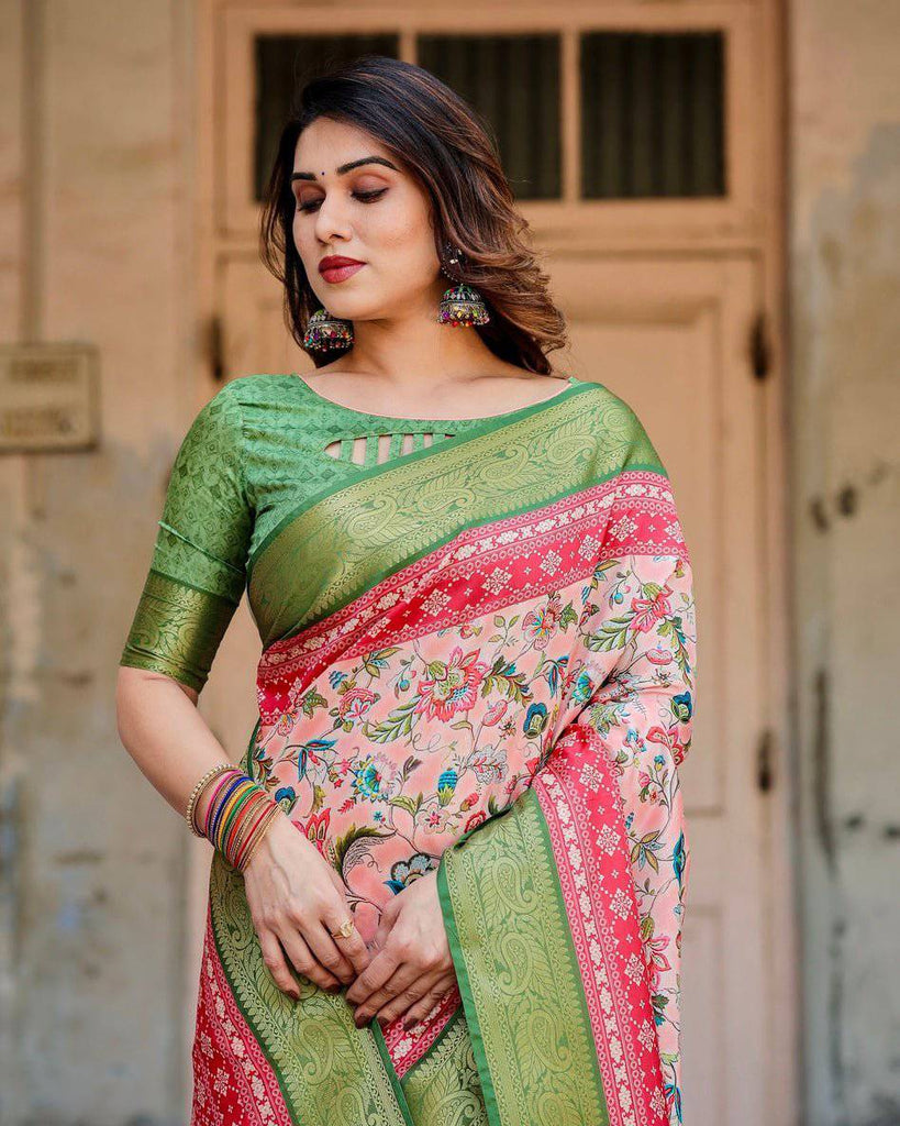 Blush Pink and Green Tussar Silk Saree with Floral Prints and Intricate Zari Work DIGITAL PRINT