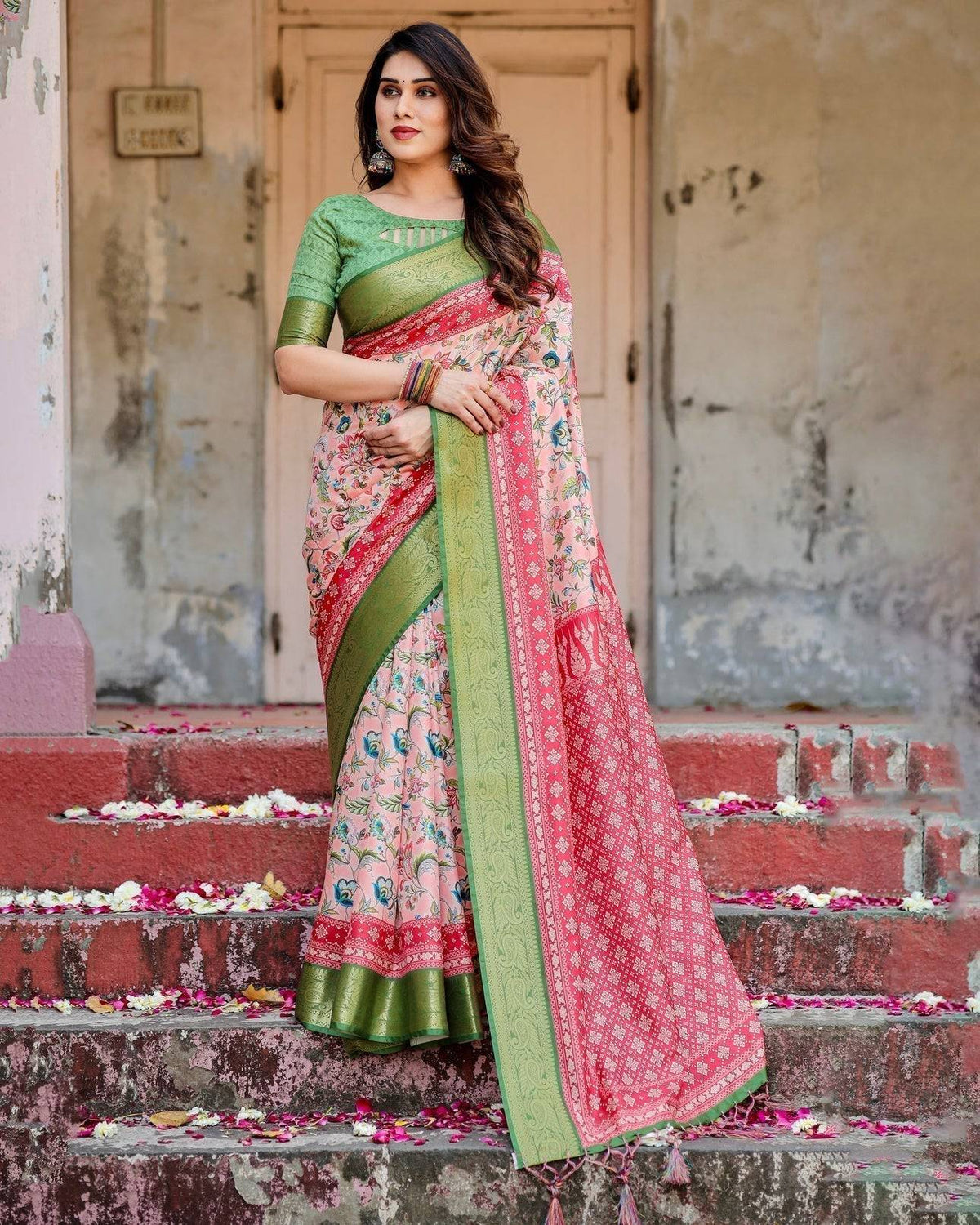Blush Pink and Green Tussar Silk Saree with Floral Prints and Intricate Zari Work DIGITAL PRINT Main image