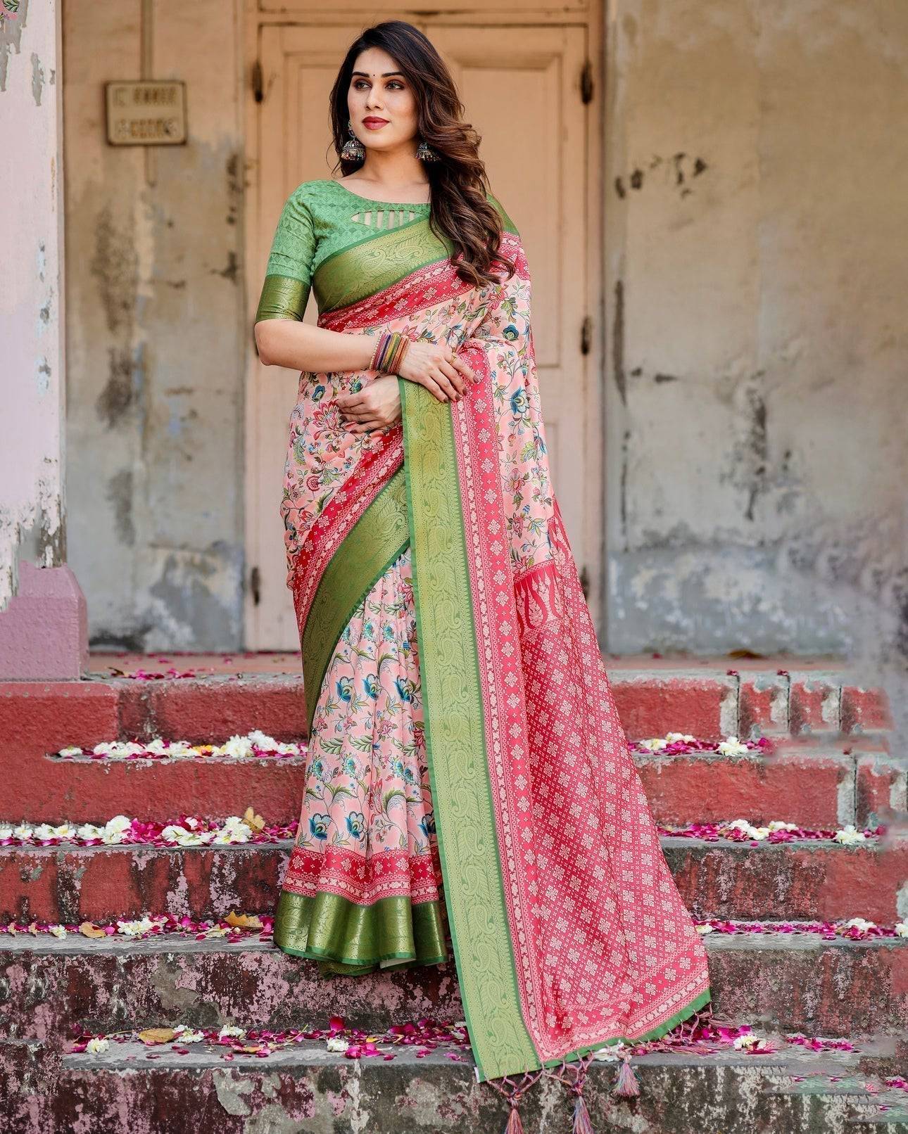 Blush Pink and Green Tussar Silk Saree with Floral Prints and Intricate Zari Work DIGITAL PRINT