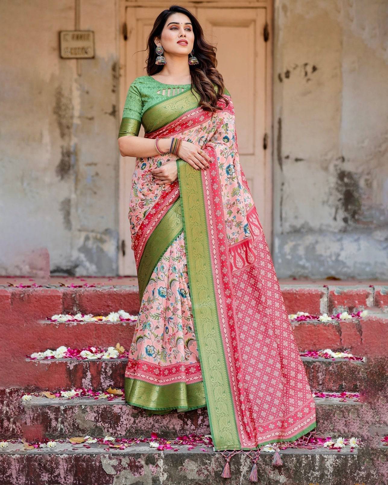 Blush Pink and Green Tussar Silk Saree with Floral Prints and Intricate Zari Work Secondary image