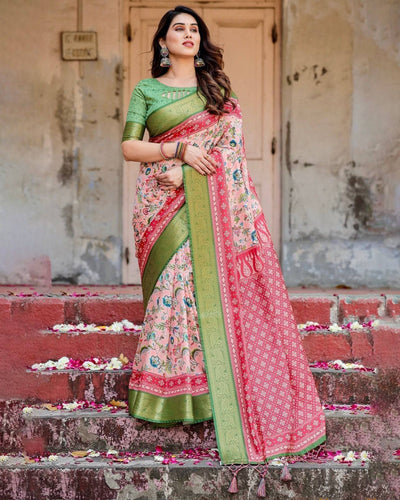Blush Pink and Green Tussar Silk Saree with Floral Prints and Intricate Zari Work DIGITAL PRINT