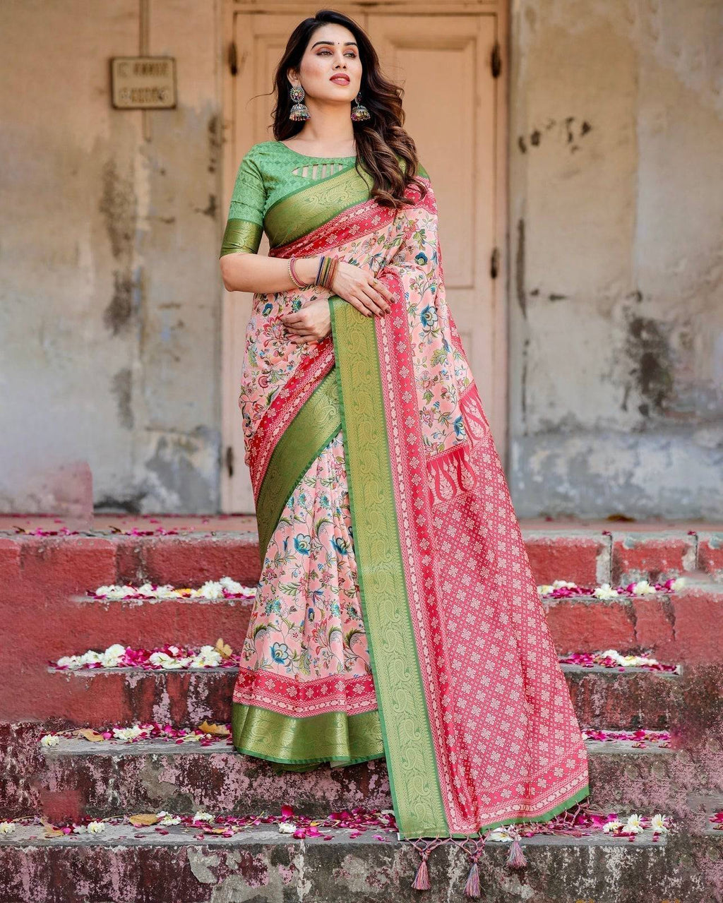 Blush Pink and Green Tussar Silk Saree with Floral Prints and Intricate Zari Work DIGITAL PRINT
