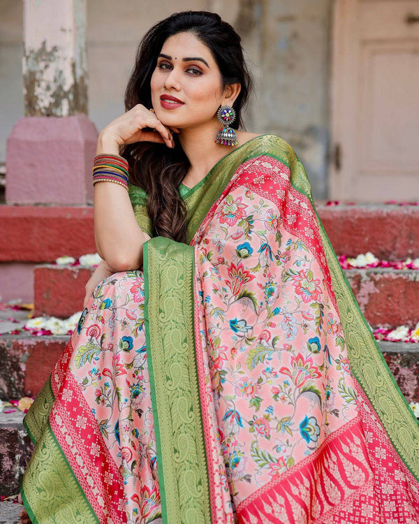Blush Pink and Green Tussar Silk Saree with Floral Prints and Intricate Zari Work DIGITAL PRINT