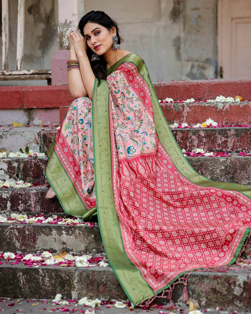 Blush Pink and Green Tussar Silk Saree with Floral Prints and Intricate Zari Work DIGITAL PRINT