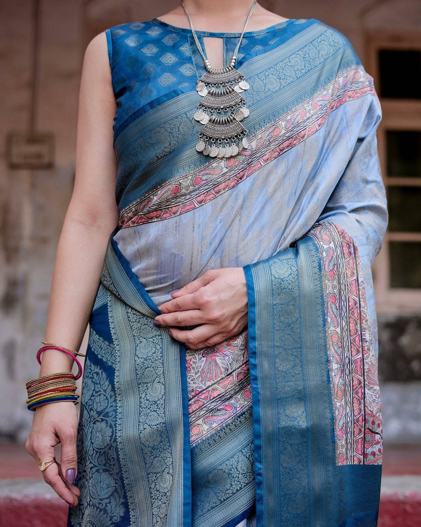 Elegant Blue and Beige Banarasi Silk Saree with Ornate Zari Weaving and Tassels BANARASI PRINTED