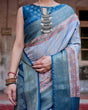 Load image into Gallery viewer, Elegant Blue and Beige Banarasi Silk Saree with Ornate Zari Weaving and Tassels BANARASI PRINTED