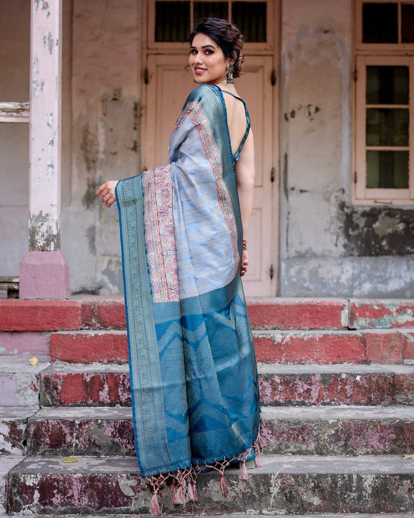 Elegant Blue and Beige Banarasi Silk Saree with Ornate Zari Weaving and Tassels BANARASI PRINTED