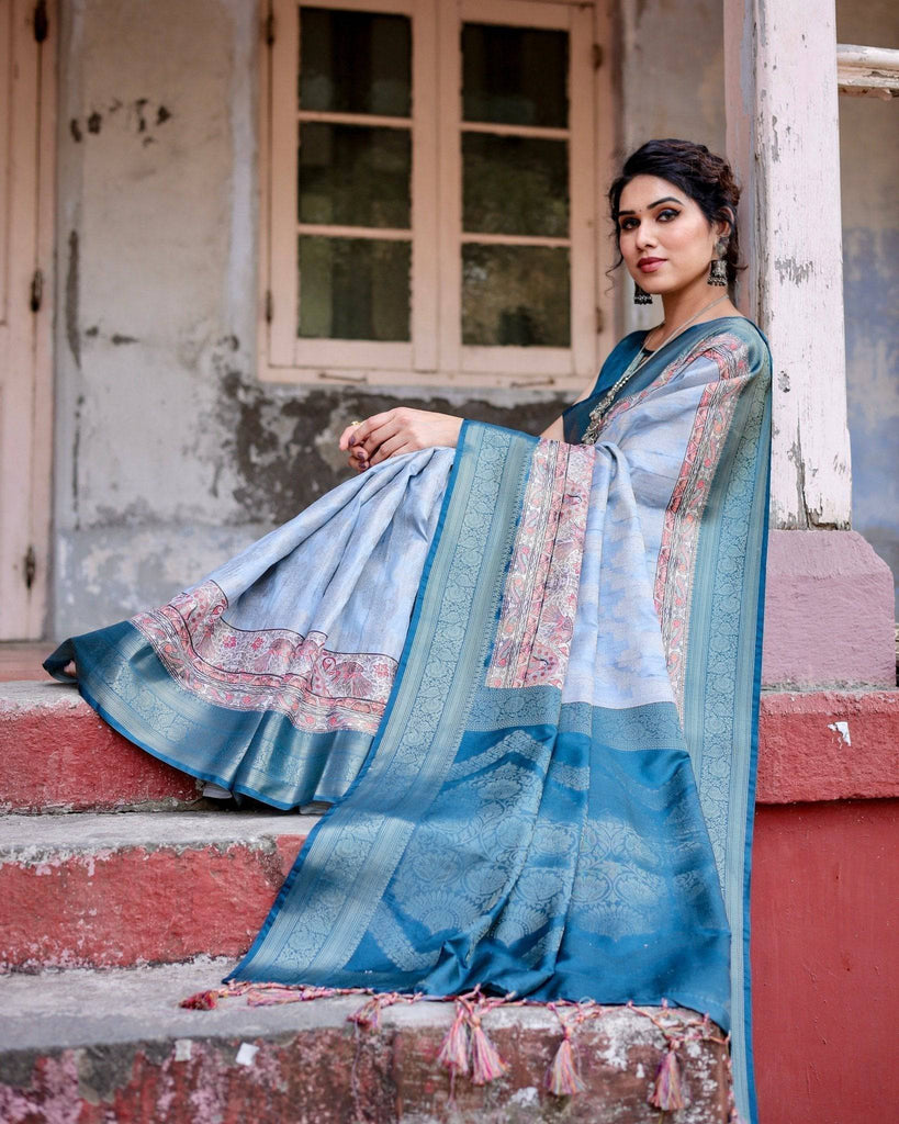 Elegant Blue and Beige Banarasi Silk Saree with Ornate Zari Weaving and Tassels BANARASI PRINTED