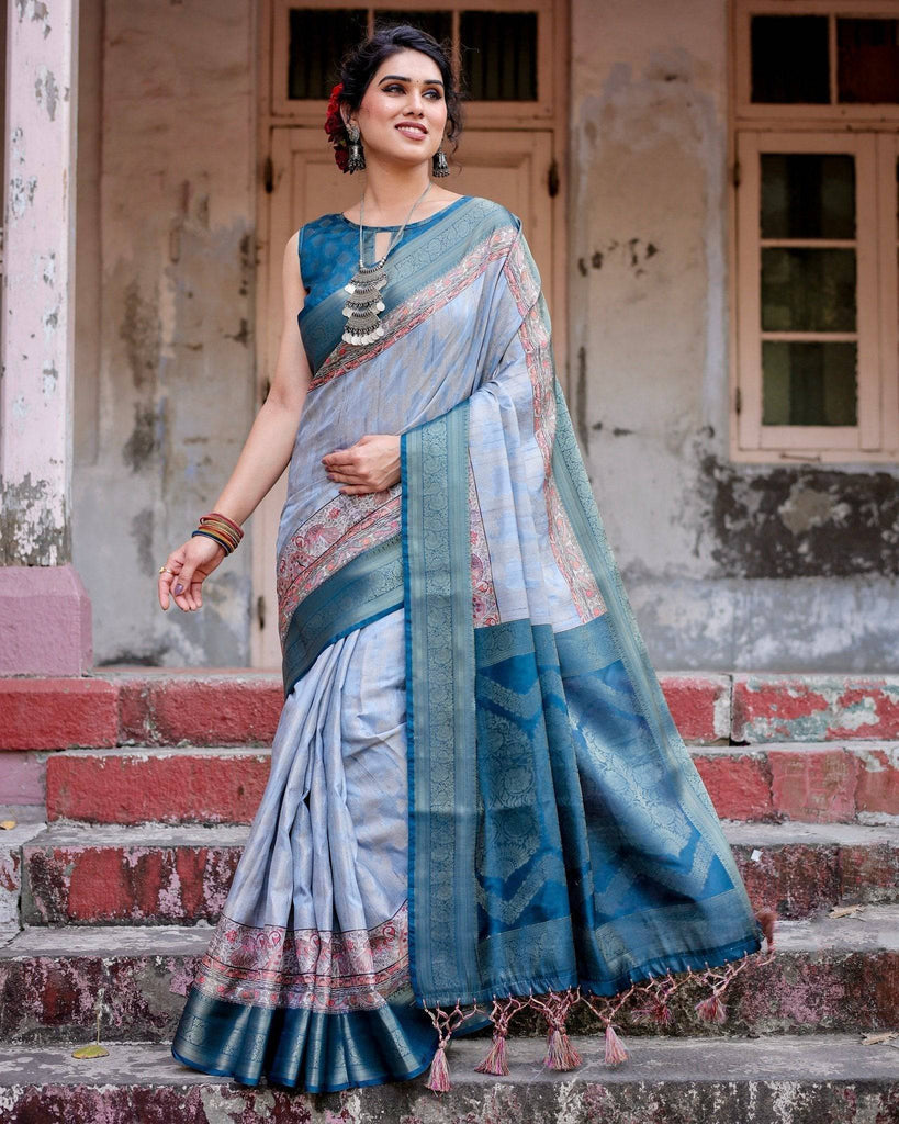 Elegant Blue and Beige Banarasi Silk Saree with Ornate Zari Weaving and Tassels BANARASI PRINTED