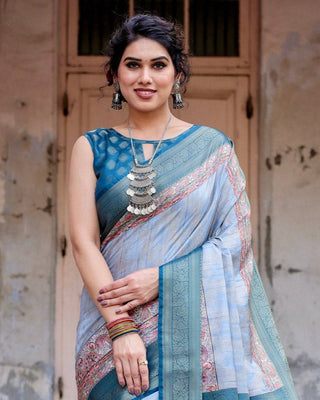Elegant Blue and Beige Banarasi Silk Saree with Ornate Zari Weaving and Tassels BANARASI PRINTED