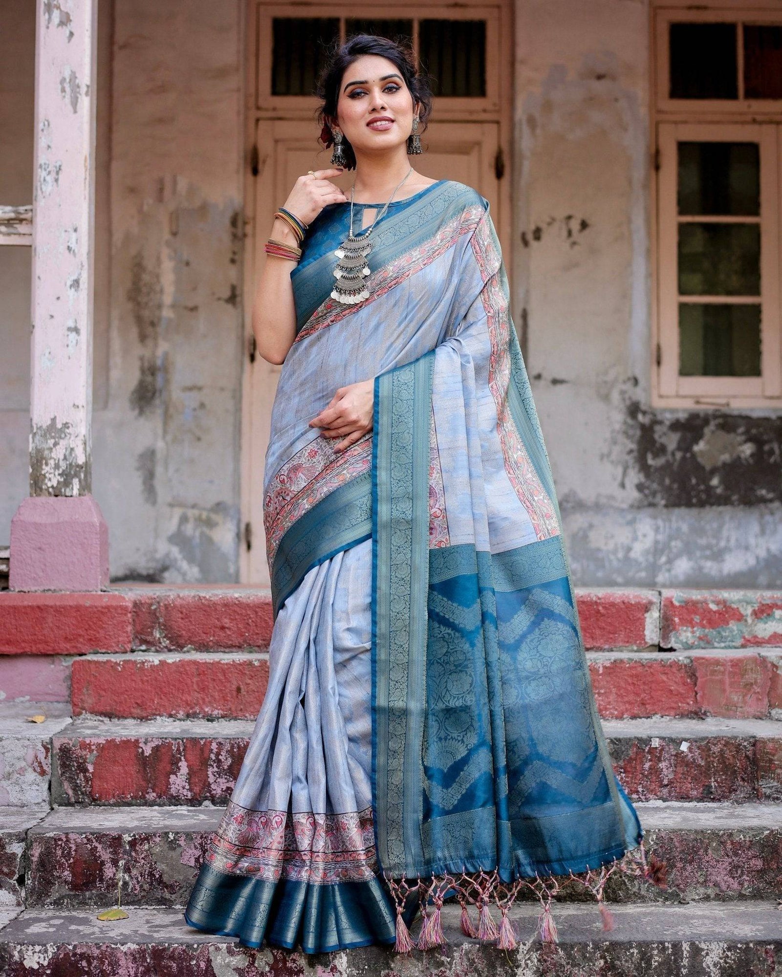 Elegant Blue and Beige Banarasi Silk Saree with Ornate Zari Weaving and Tassels BANARASI PRINTED