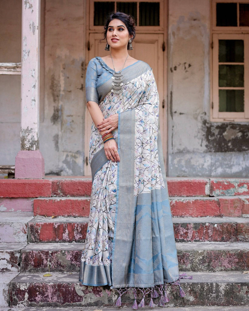 Elegant Light Blue Banarasi Silk Saree with Floral Design and Zari Weaved Pallu BANARASI PRINTED