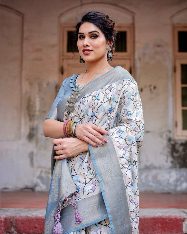 Elegant Light Blue Banarasi Silk Saree with Floral Design and Zari Weaved Pallu BANARASI PRINTED