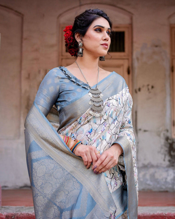 Elegant Light Blue Banarasi Silk Saree with Floral Design and Zari Weaved Pallu BANARASI PRINTED