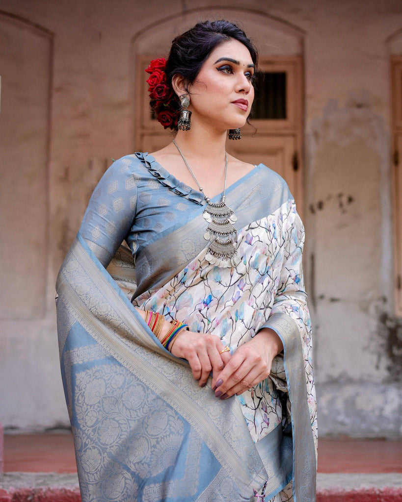 Elegant Light Blue Banarasi Silk Saree with Floral Design and Zari Weaved Pallu BANARASI PRINTED