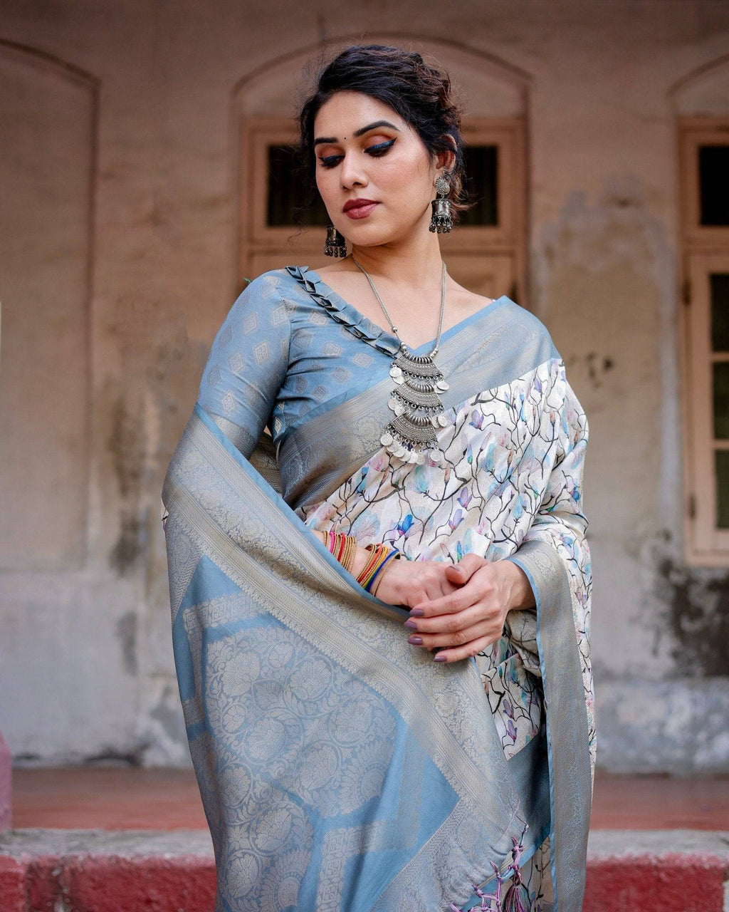 Elegant Light Blue Banarasi Silk Saree with Floral Design and Zari Weaved Pallu BANARASI PRINTED