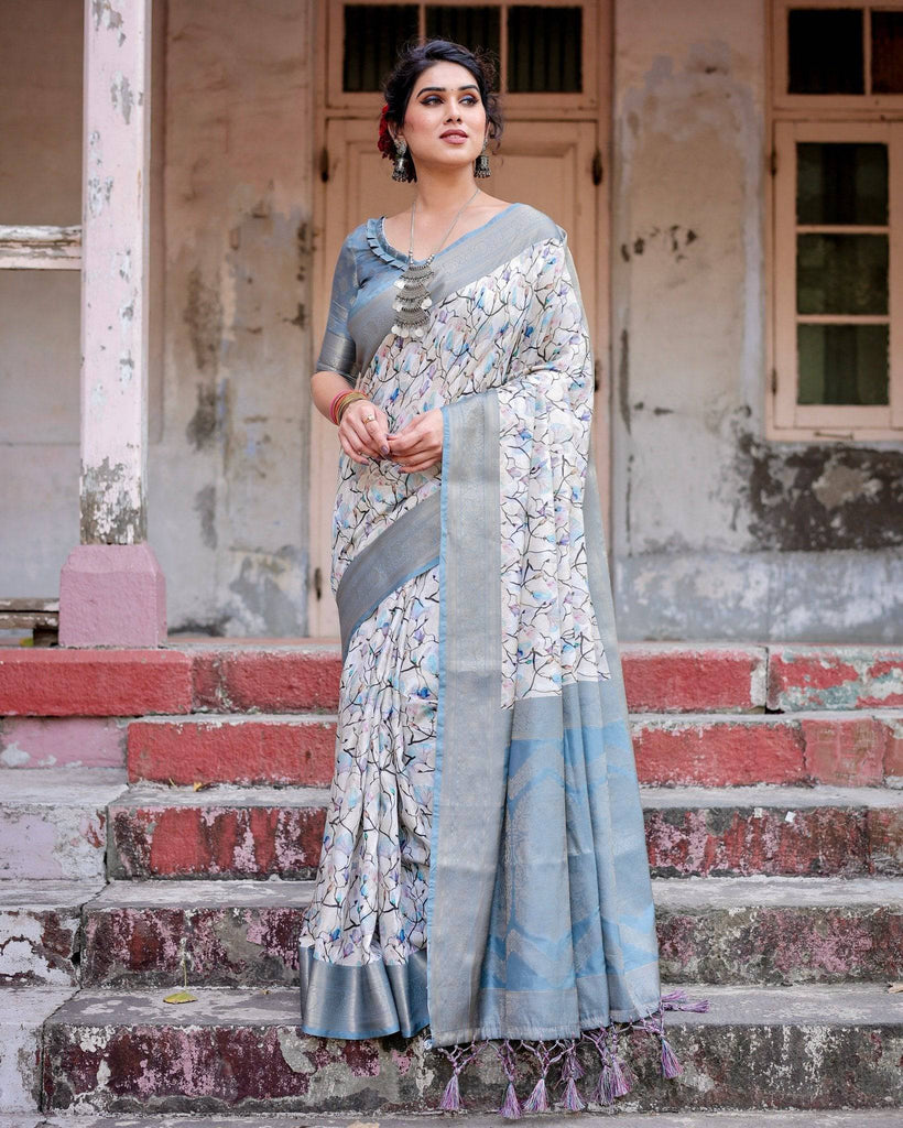 Elegant Light Blue Banarasi Silk Saree with Floral Design and Zari Weaved Pallu BANARASI PRINTED