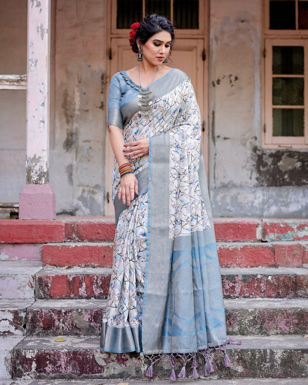 Elegant Light Blue Banarasi Silk Saree with Floral Design and Zari Weaved Pallu BANARASI PRINTED