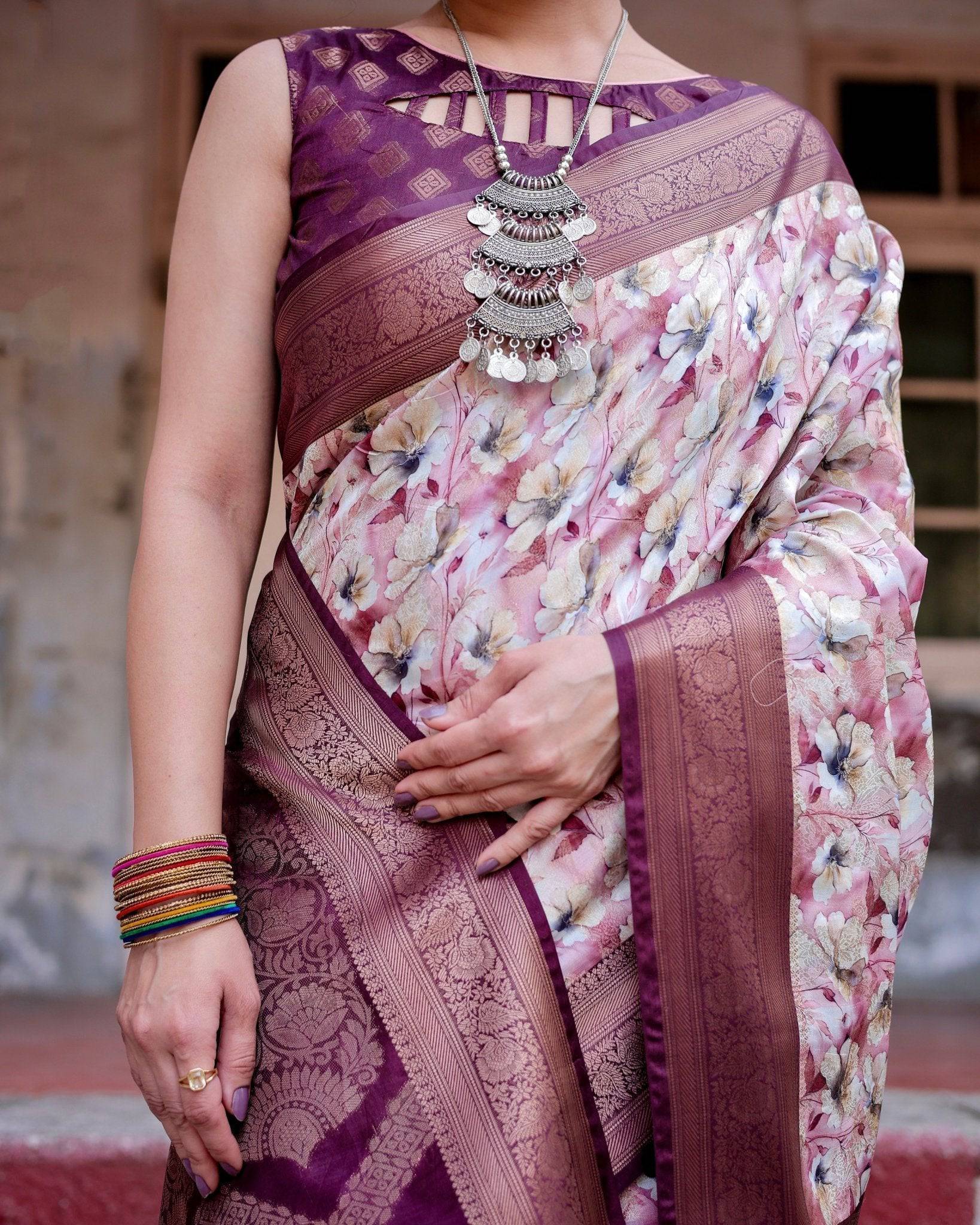 Elegant Wine Floral Banarasi Silk Saree with Zari Weave and Tassels BANARASI PRINTED