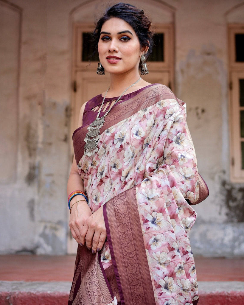 Elegant Wine Floral Banarasi Silk Saree with Zari Weave and Tassels BANARASI PRINTED