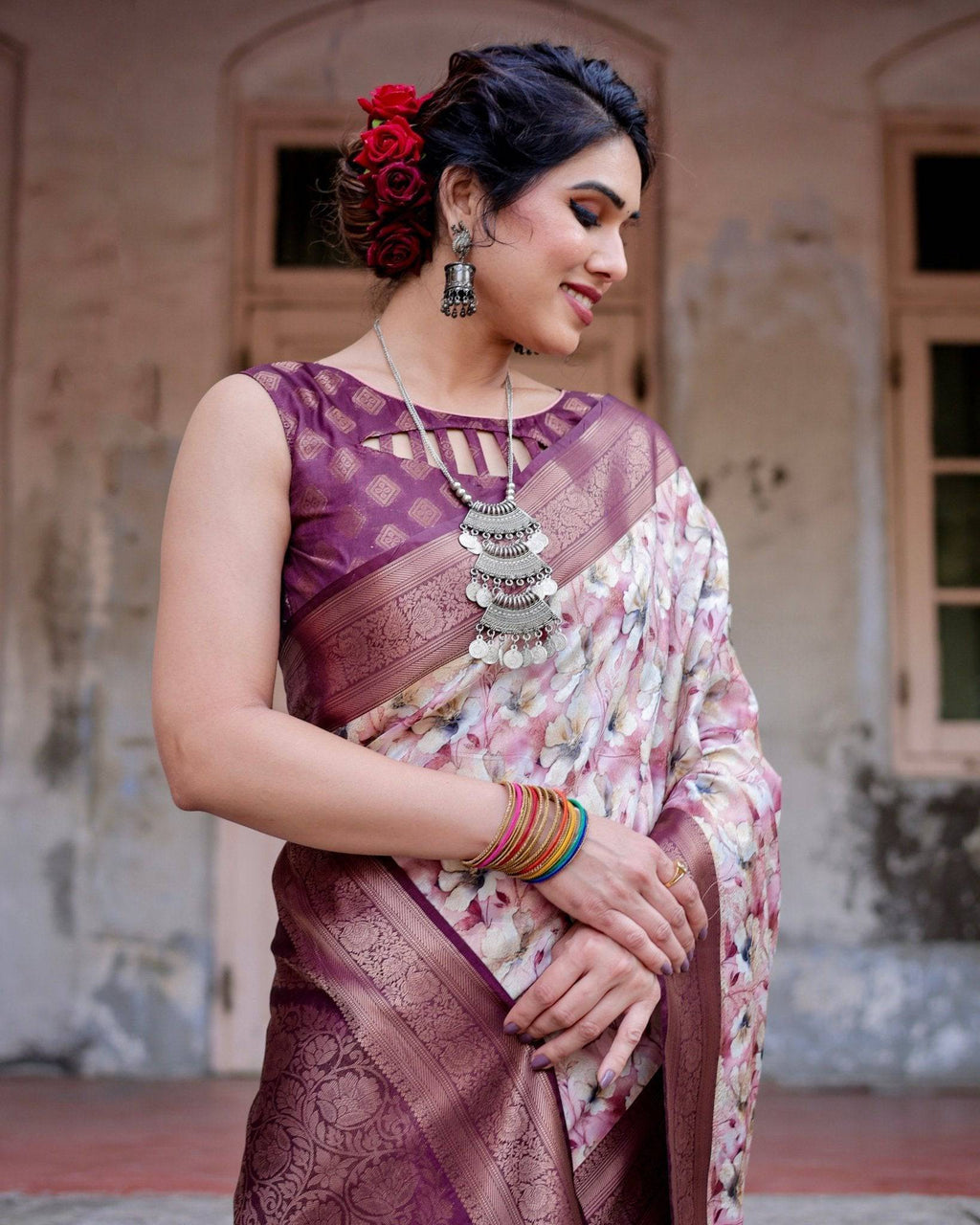 Elegant Wine Floral Banarasi Silk Saree with Zari Weave and Tassels BANARASI PRINTED