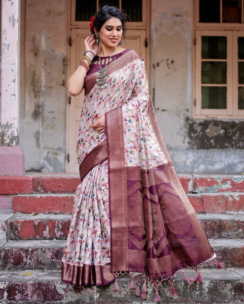 Elegant Wine Floral Banarasi Silk Saree with Zari Weave and Tassels BANARASI PRINTED