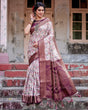 Load image into Gallery viewer, Elegant Wine Floral Banarasi Silk Saree with Zari Weave and Tassels BANARASI PRINTED