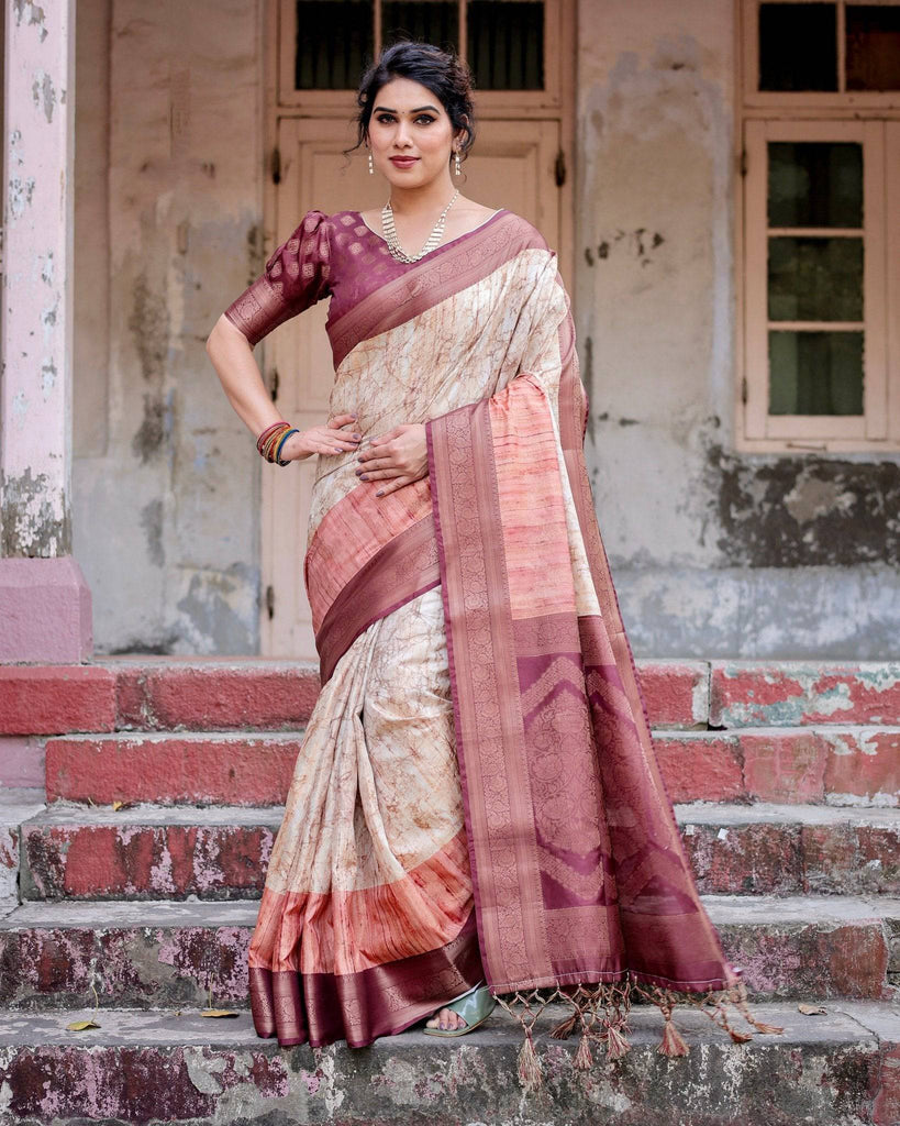 Marble-Print Banarasi Silk Saree in Deep Maroon with Zari Weaving and Tassels BANARASI PRINTED