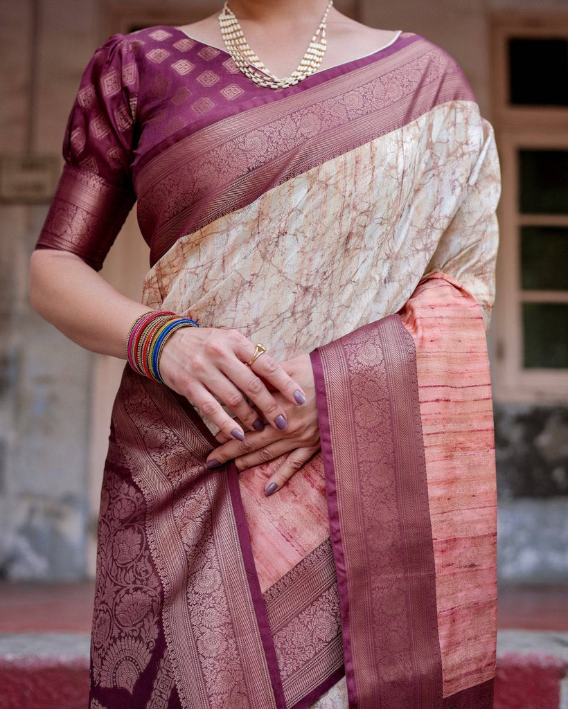 Marble-Print Banarasi Silk Saree in Deep Maroon with Zari Weaving and Tassels BANARASI PRINTED