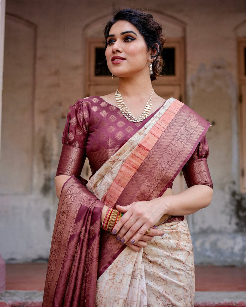 Marble-Print Banarasi Silk Saree in Deep Maroon with Zari Weaving and Tassels BANARASI PRINTED