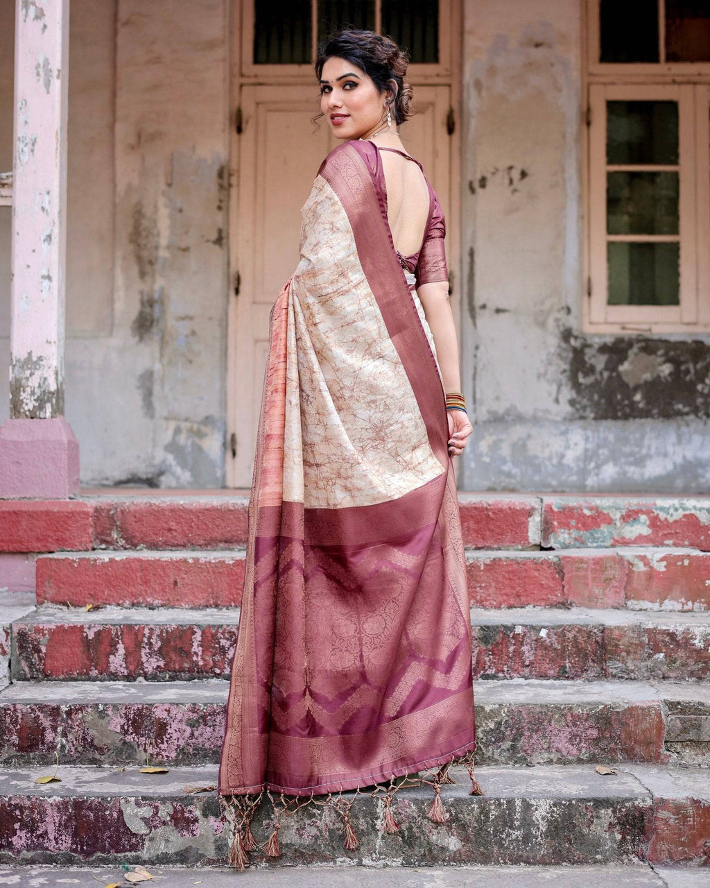 Marble-Print Banarasi Silk Saree in Deep Maroon with Zari Weaving and Tassels BANARASI PRINTED