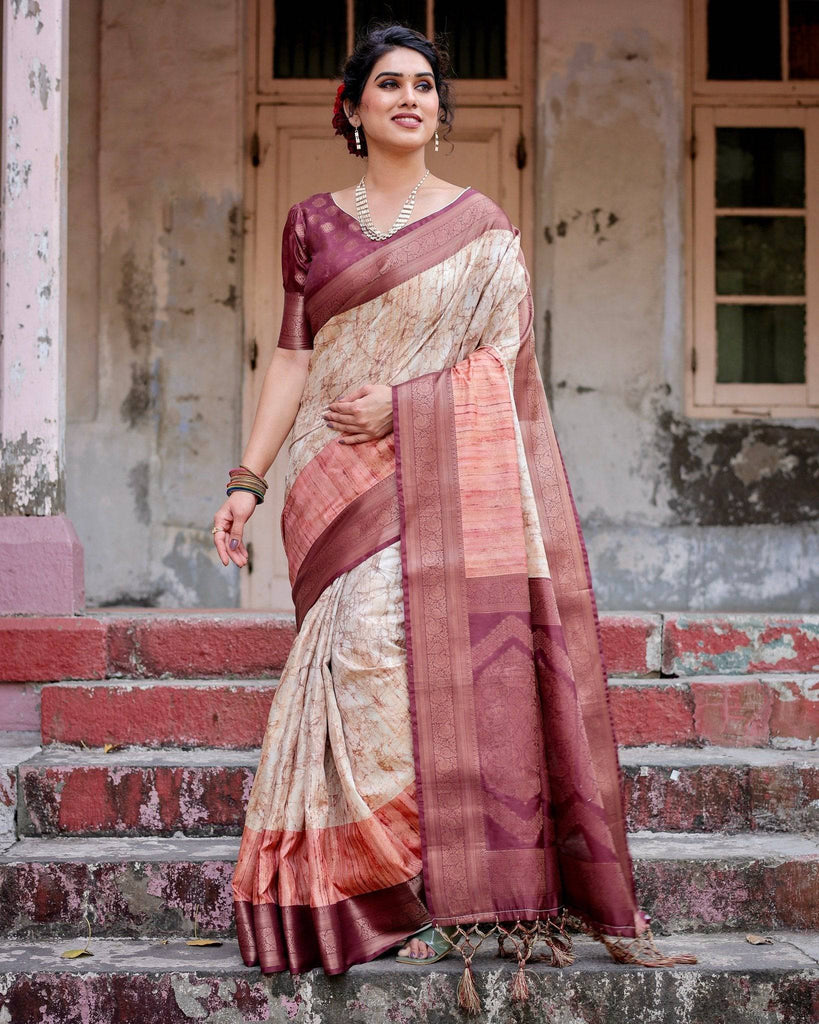 Marble-Print Banarasi Silk Saree in Deep Maroon with Zari Weaving and Tassels BANARASI PRINTED