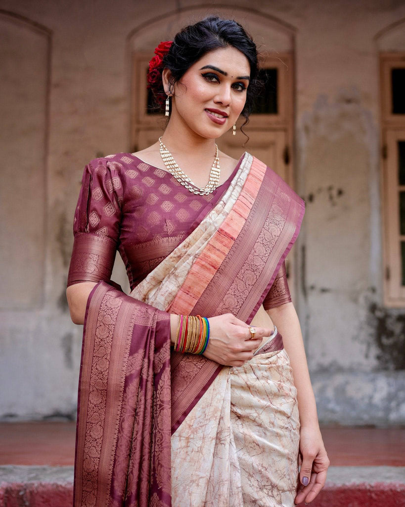 Marble-Print Banarasi Silk Saree in Deep Maroon with Zari Weaving and Tassels BANARASI PRINTED
