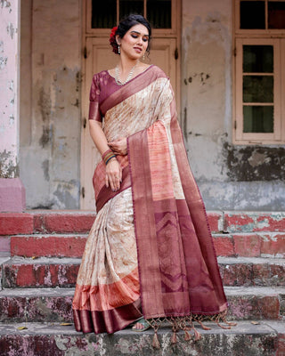 Marble-Print Banarasi Silk Saree in Deep Maroon with Zari Weaving and Tassels BANARASI PRINTED