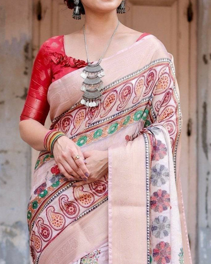 Peach Banarasi Silk Saree with Intricate Paisley and Floral Design BANARASI PRINTED