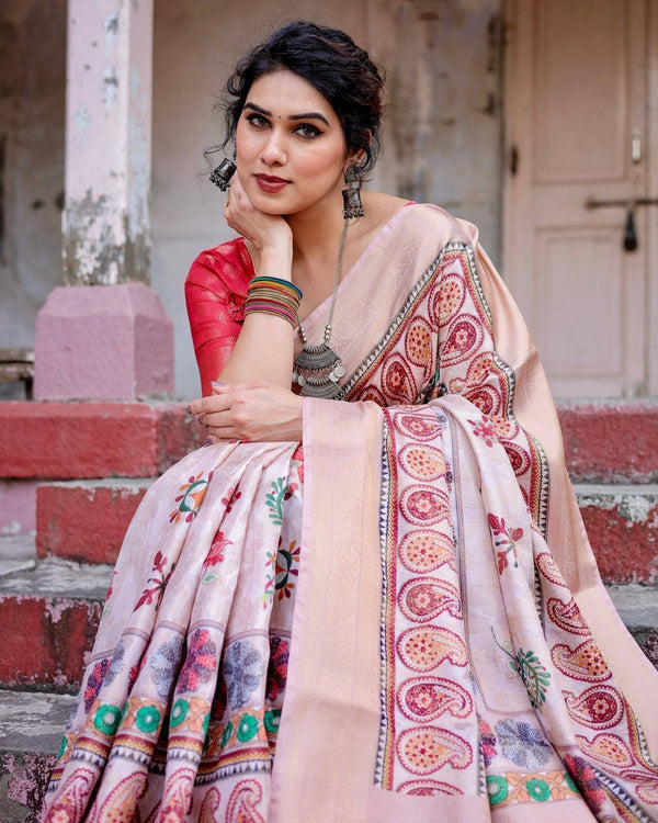 Peach Banarasi Silk Saree with Intricate Paisley and Floral Design BANARASI PRINTED