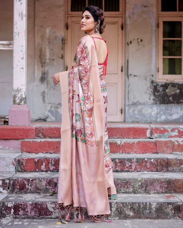 Peach Banarasi Silk Saree with Intricate Paisley and Floral Design BANARASI PRINTED