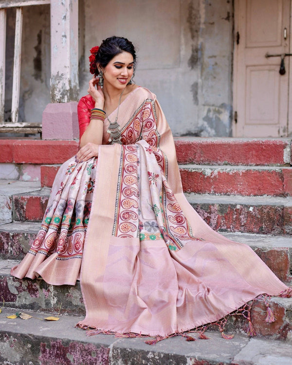 Peach Banarasi Silk Saree with Intricate Paisley and Floral Design BANARASI PRINTED