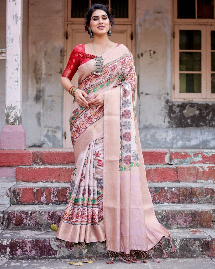 Peach Banarasi Silk Saree with Intricate Paisley and Floral Design BANARASI PRINTED