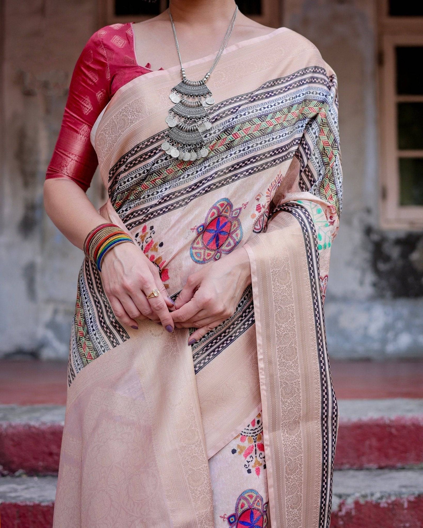 Elegant Peach Banarasi Silk Saree with Multicolor Embroidery and Tassels BANARASI PRINTED