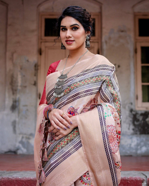 Elegant Peach Banarasi Silk Saree with Multicolor Embroidery and Tassels BANARASI PRINTED