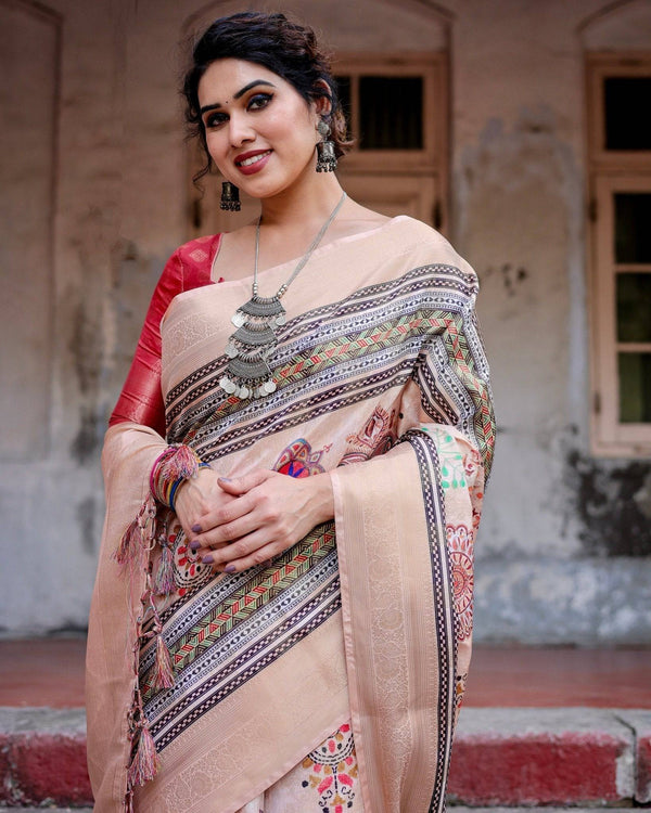 Elegant Peach Banarasi Silk Saree with Multicolor Embroidery and Tassels BANARASI PRINTED