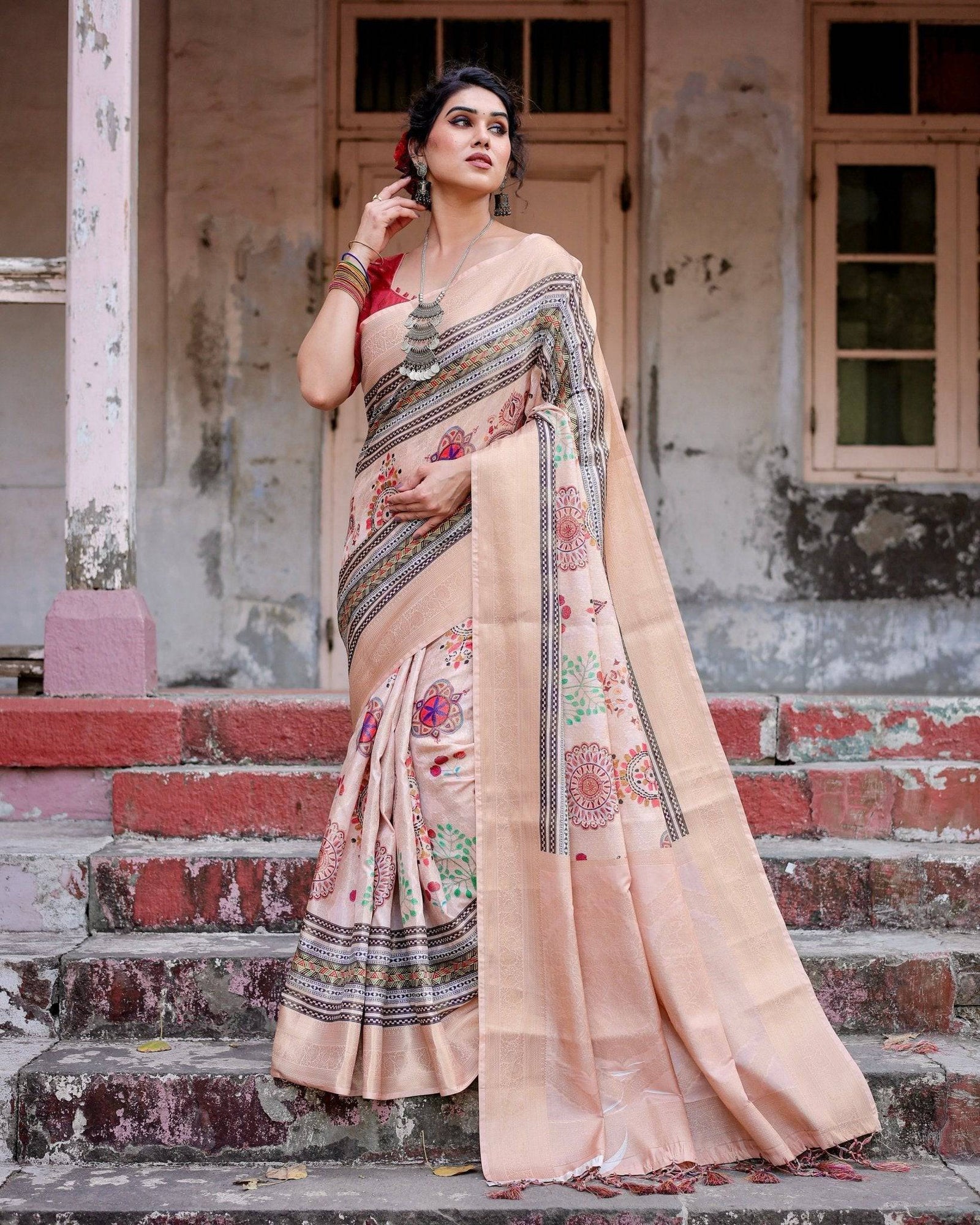 Elegant Peach Banarasi Silk Saree with Multicolor Embroidery and Tassels BANARASI PRINTED