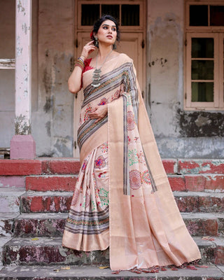 Elegant Peach Banarasi Silk Saree with Multicolor Embroidery and Tassels BANARASI PRINTED