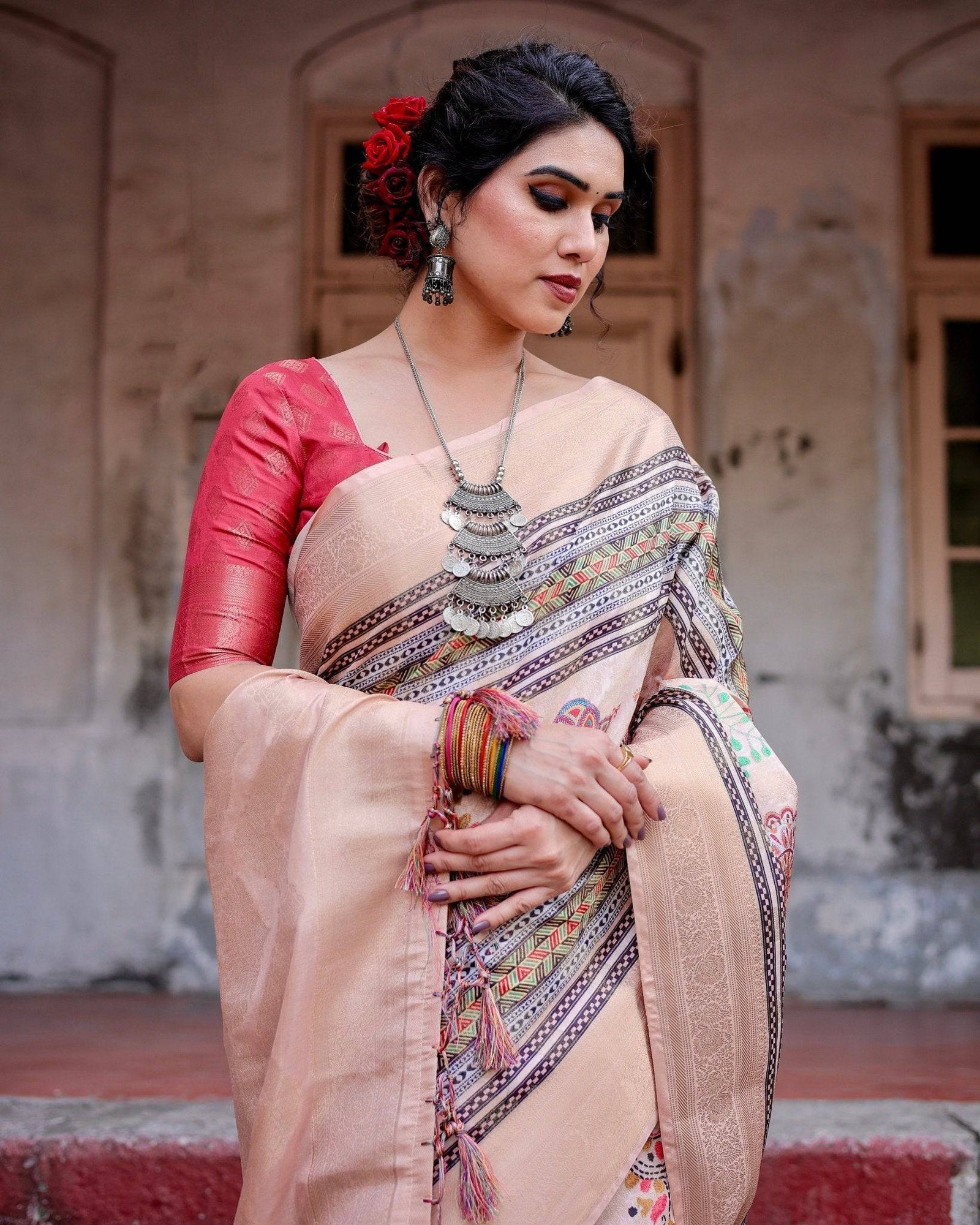 Elegant Peach Banarasi Silk Saree with Multicolor Embroidery and Tassels BANARASI PRINTED