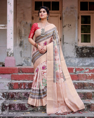 Elegant Peach Banarasi Silk Saree with Multicolor Embroidery and Tassels BANARASI PRINTED