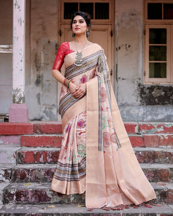 Elegant Peach Banarasi Silk Saree with Multicolor Embroidery and Tassels BANARASI PRINTED