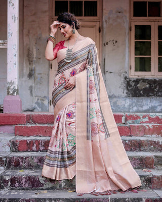 Elegant Peach Banarasi Silk Saree with Multicolor Embroidery and Tassels BANARASI PRINTED